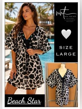 Beach Star Swim Cover Up Women’s Large Black White Animal Print Beach Tunic